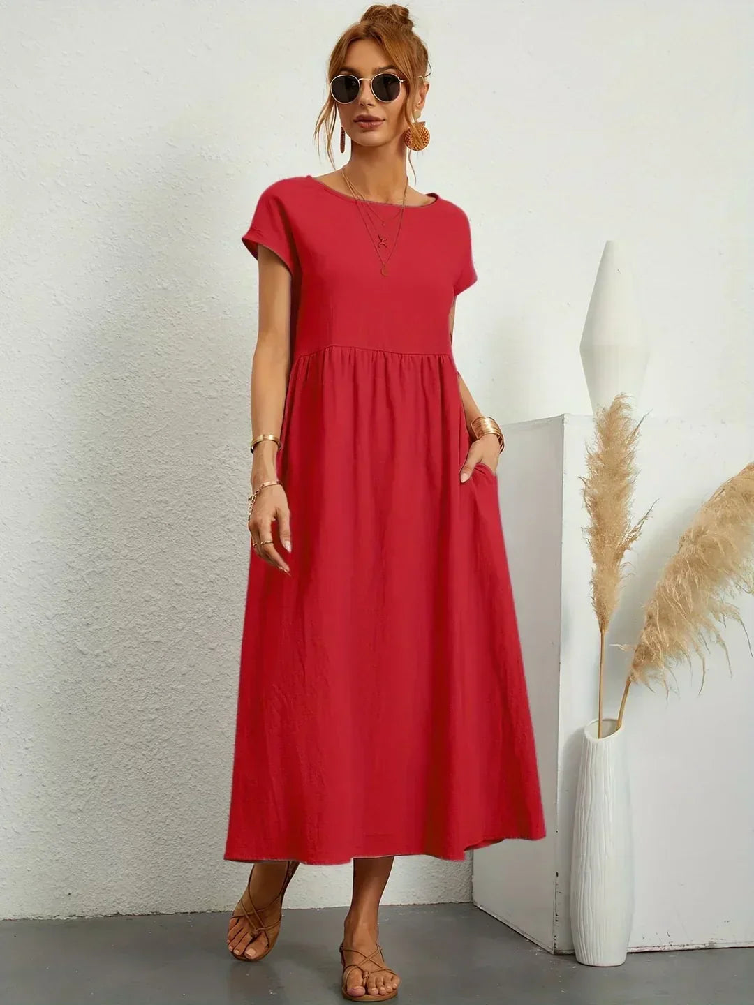 Gabrielle flowing midi dress in red, full-length front view