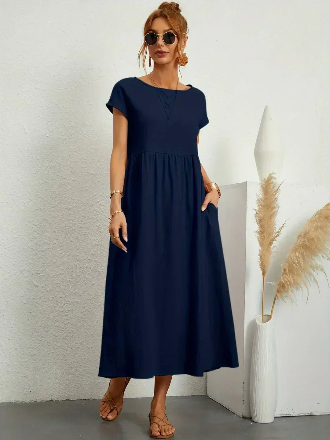 Gabrielle flowing midi dress in navy blue, full-length front view