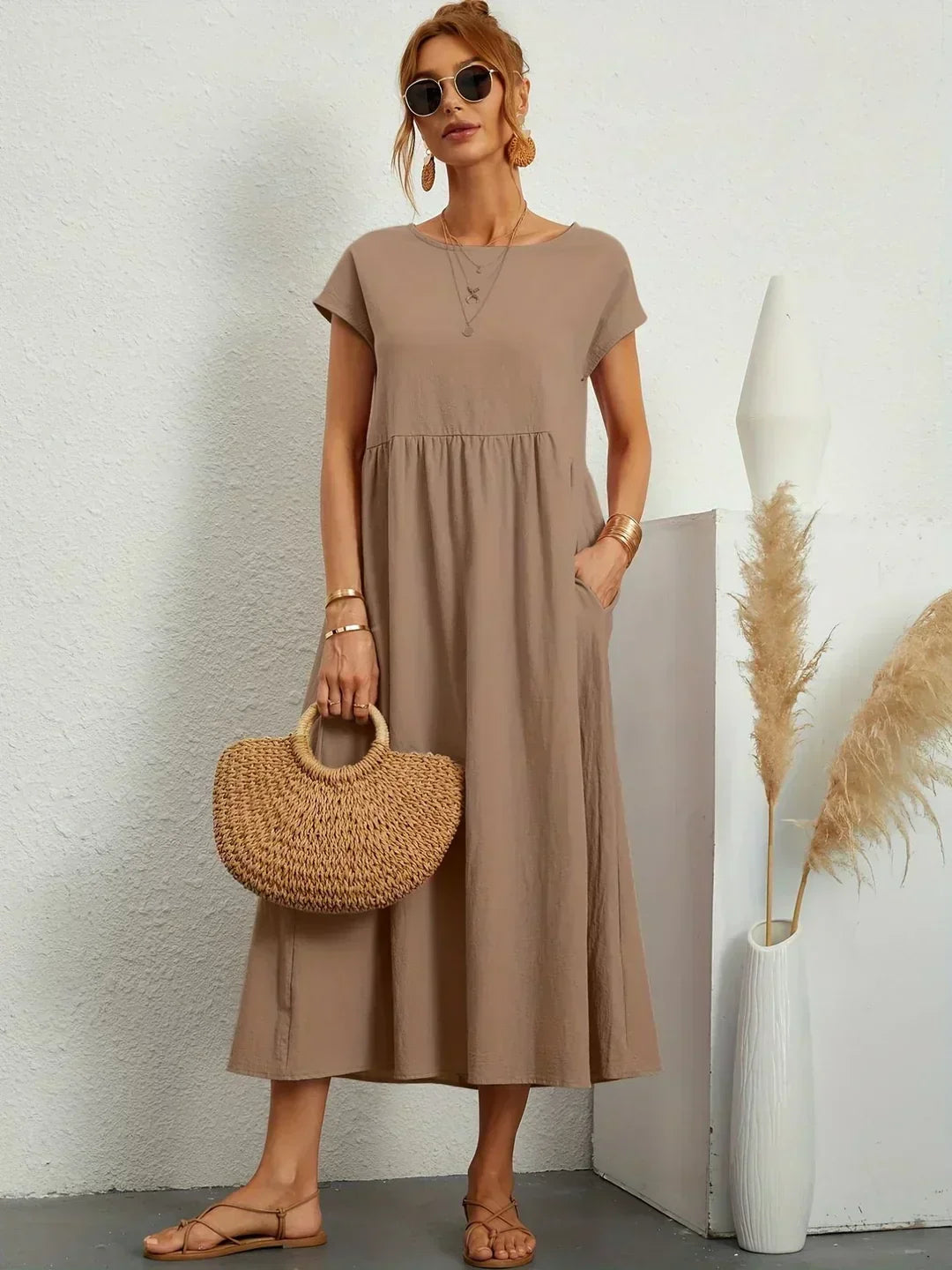 Gabrielle flowing midi dress in brown, full-length front view
