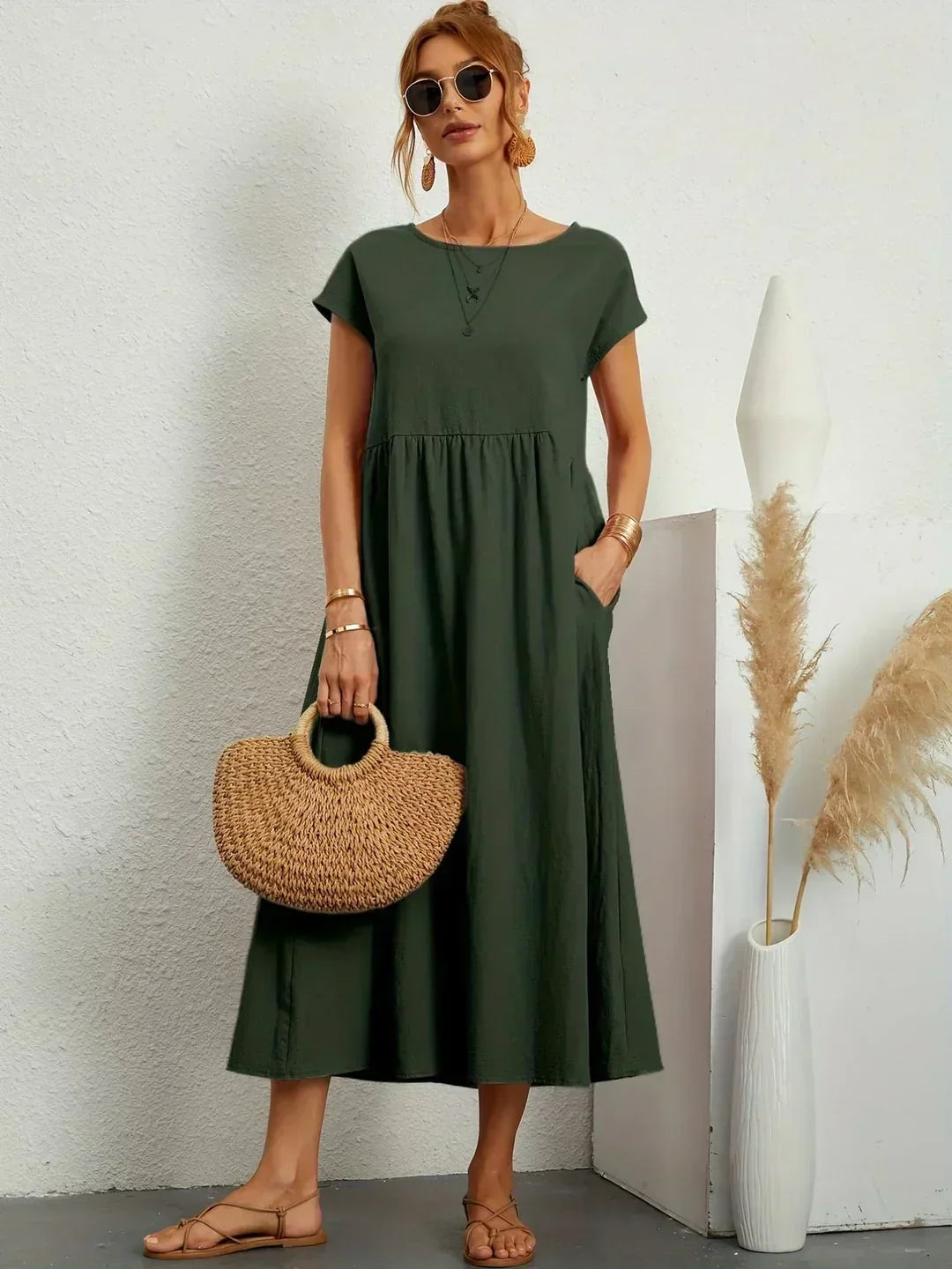 Gabrielle flowing midi dress in military green, full-length front view