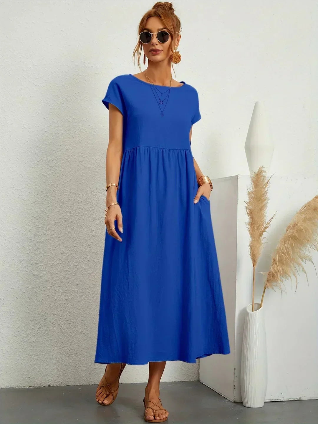 Gabrielle flowing midi dress in azure blue, full-length front view