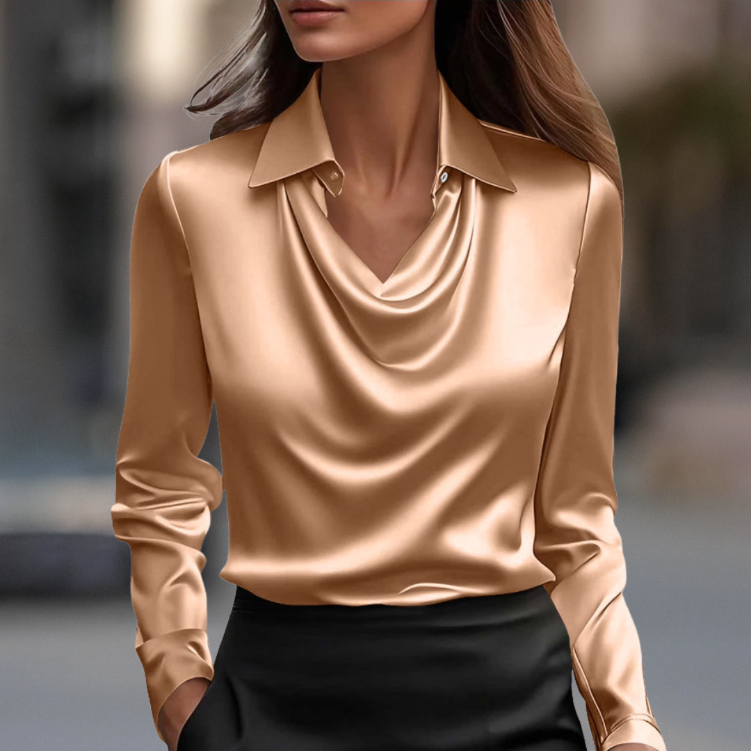 Milan draped neck blouse in golden apricot, front view