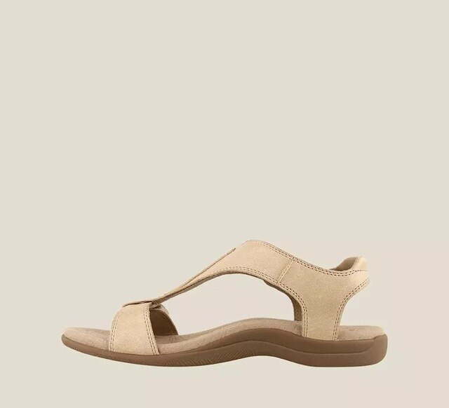 Orthopaedic T-strap sandals in beige, side view