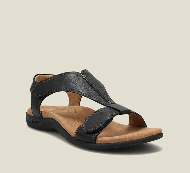 Orthopaedic T-strap sandals in black, angled front view