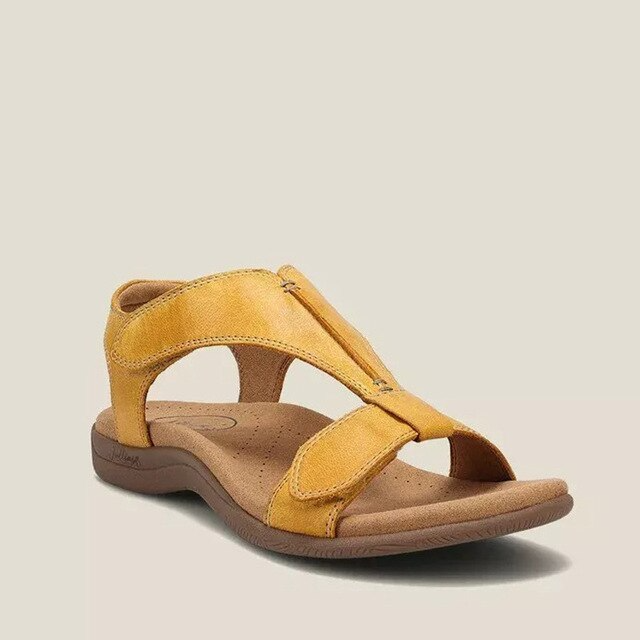 Orthopaedic T-strap sandals in yellow, angled front view