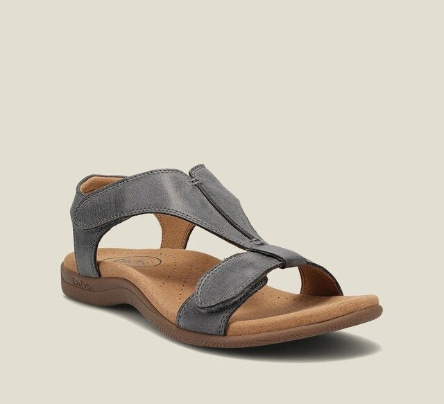 Orthopaedic T-strap sandals in grey, angled front view
