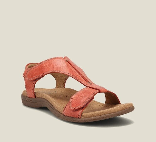 Orthopaedic T-strap sandals in orange, angled front view