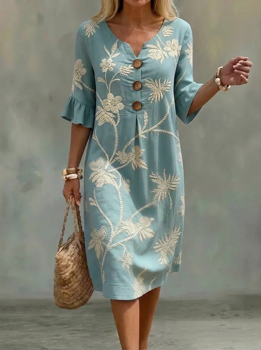 Lola summer floral dress in mint blue, full-length front view