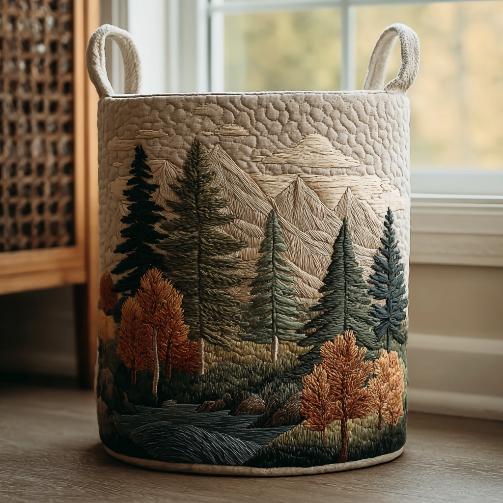 Noemi hand-quilted laundry basket with embroidered mountain and pine forest scene
