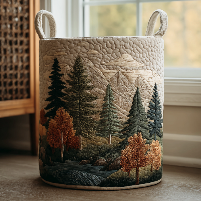 Noemi hand-quilted laundry basket with embroidered mountain and pine forest scene