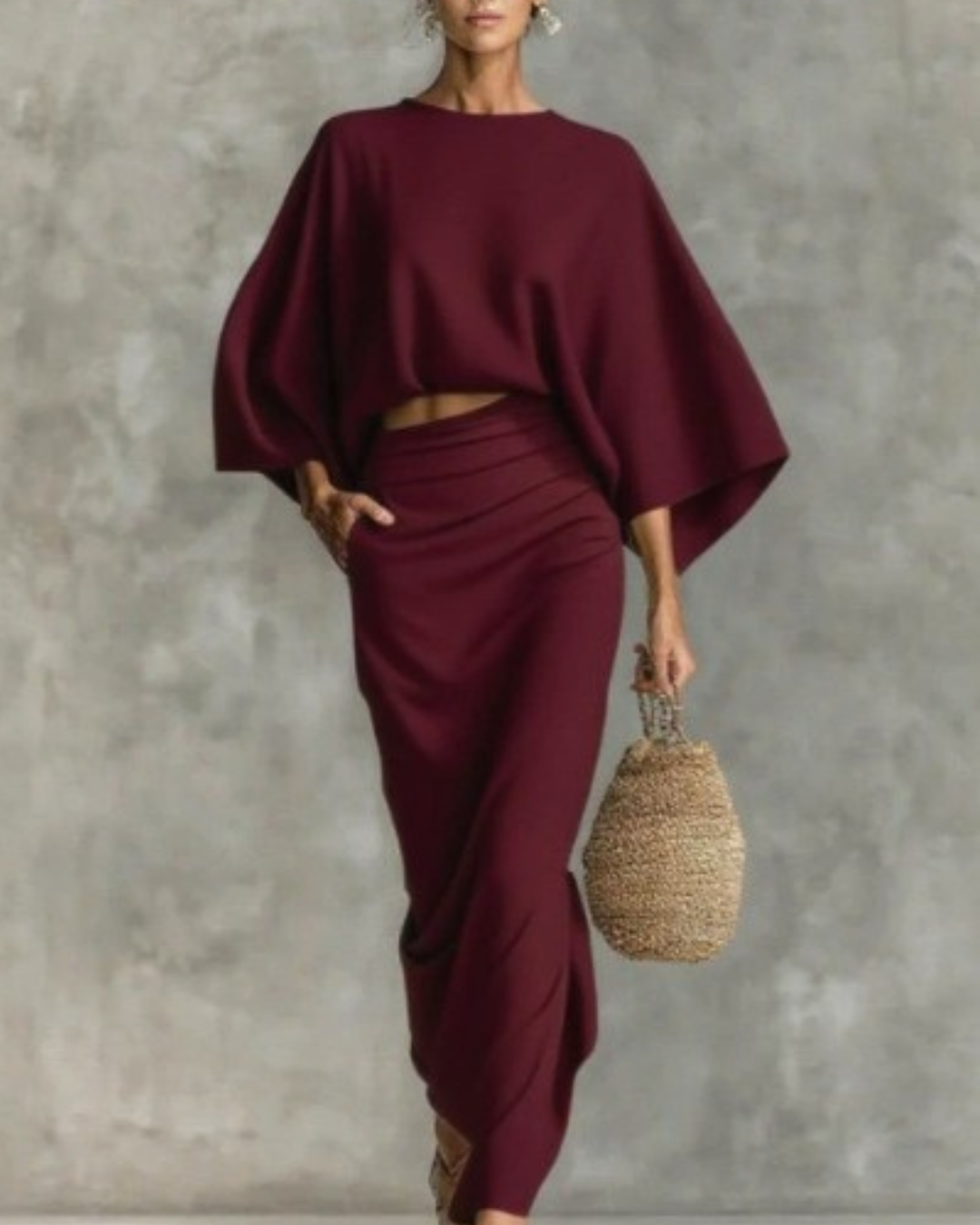 Julia two-piece skirt set in wine red, full-length front view