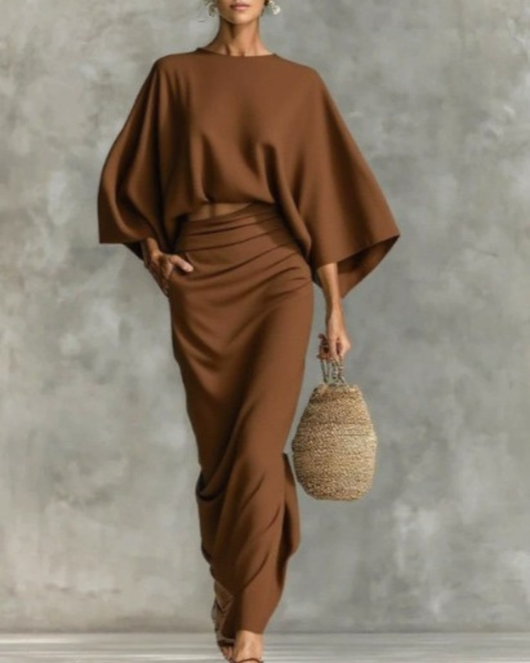 Julia two-piece skirt set in coffee, full-length front view