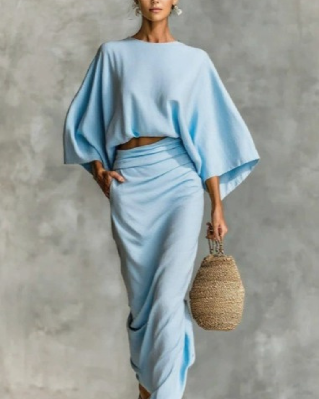 Julia two-piece skirt set in sky blue, full-length front view