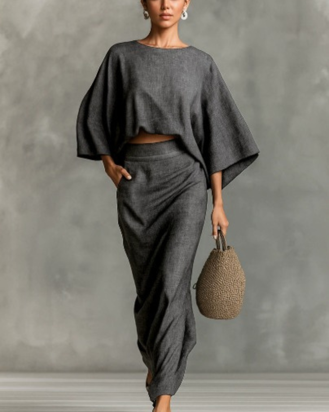 Julia two-piece skirt set in graphite, full-length front view