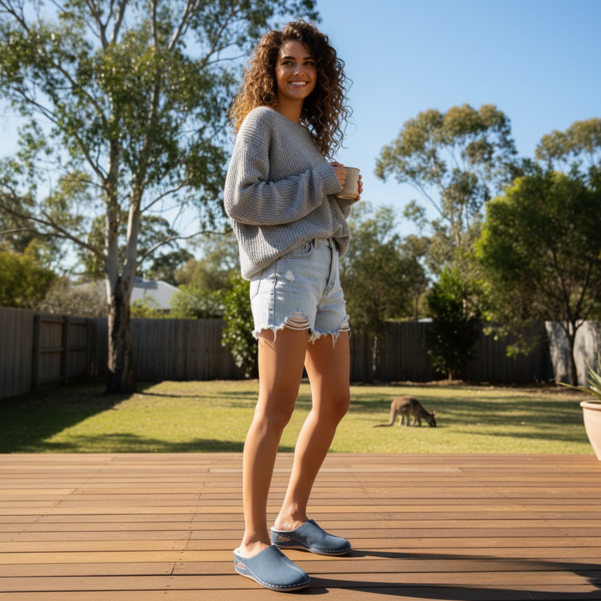 Sophie orthopaedic slippers in blue, worn full-length outdoor view