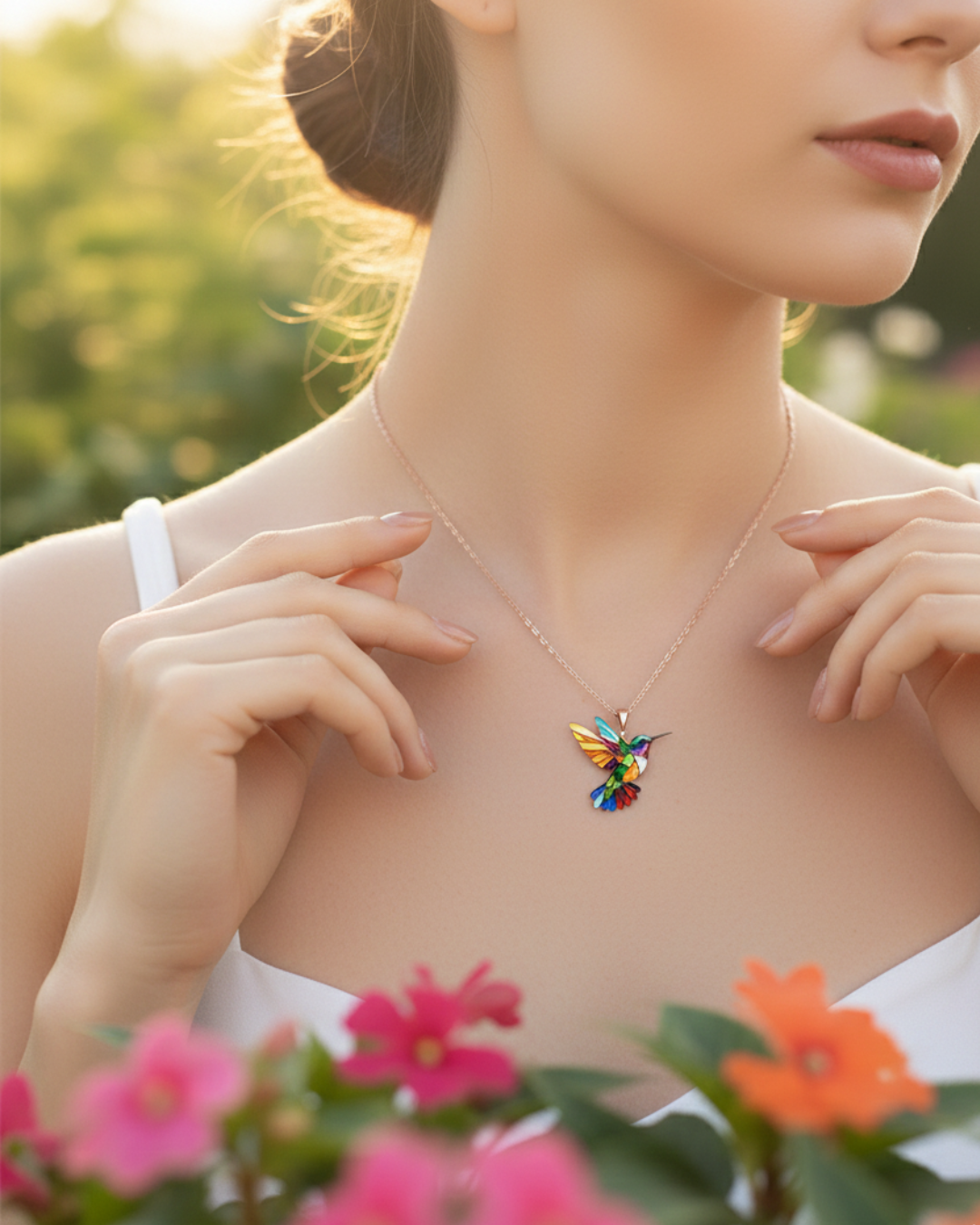 Lucky Hummingbird necklace worn with a white top in a sunlit garden