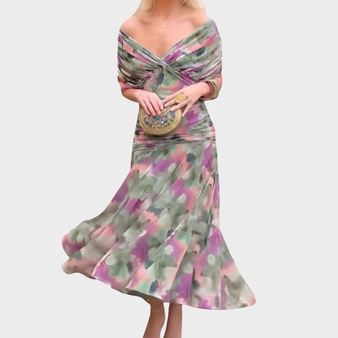 Lowenna draped midi dress in green and purple floral print, front view