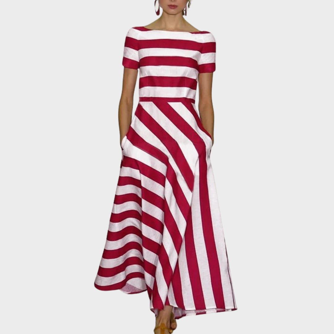 Delora striped maxi dress in red and white, full-length front view