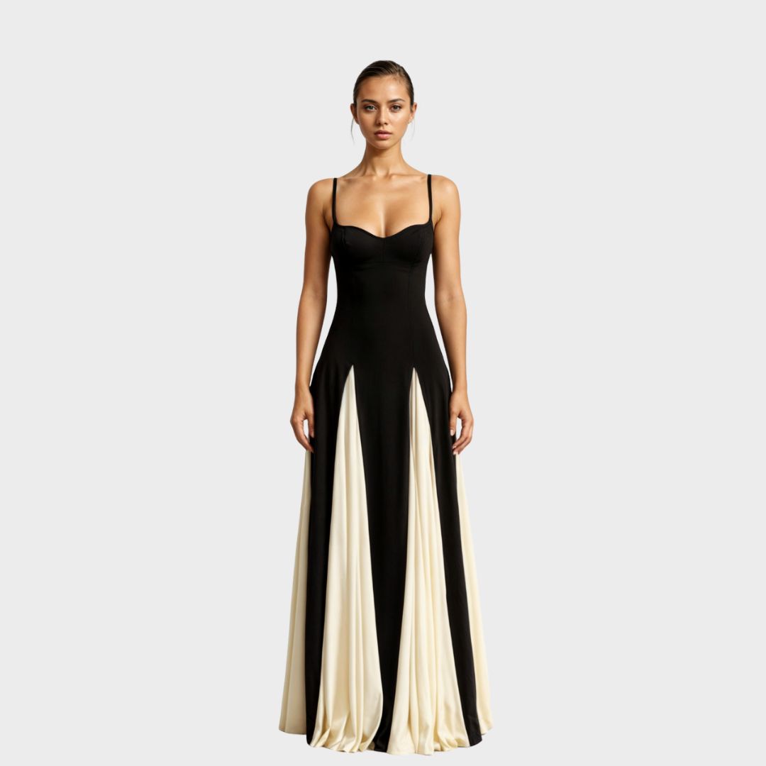 Alwen elegant maxi dress in black and cream, full-length front view