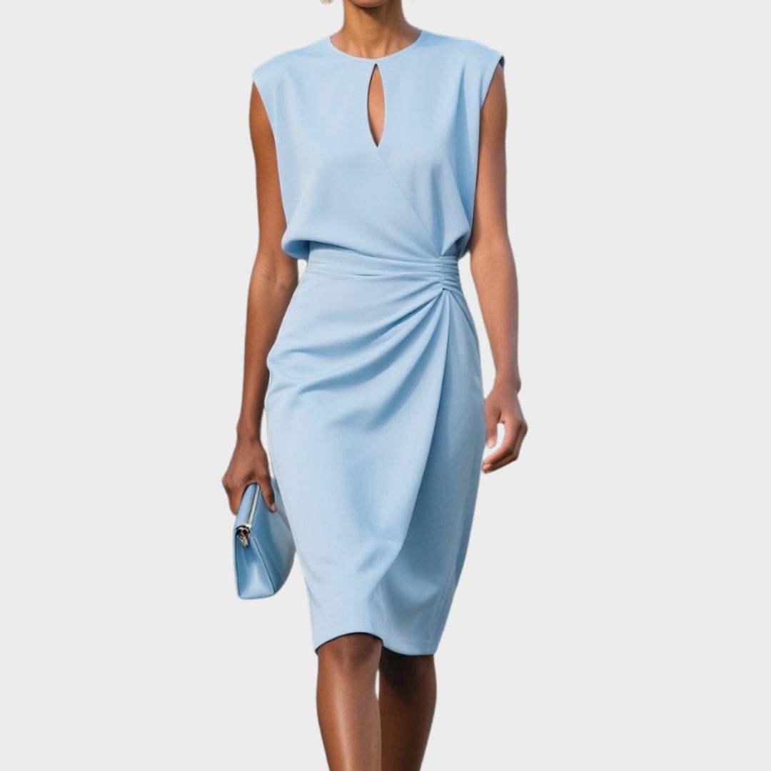 Mae knee-length wrap dress in light blue, front view