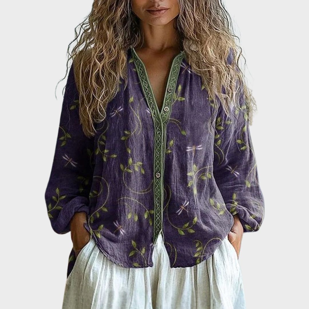 Avis vintage leaf print blouse in purple, front view with embroidered placket