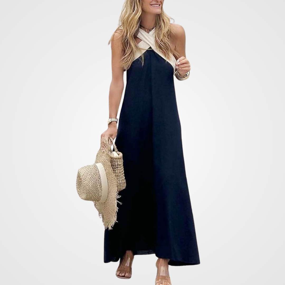 Orella cross-neck dress in black with cream halter, full-length front view