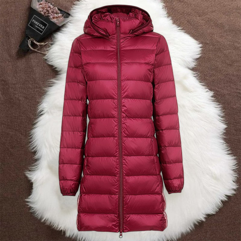 Helsa long padded jacket in dark red, flat product view showing zip and hood