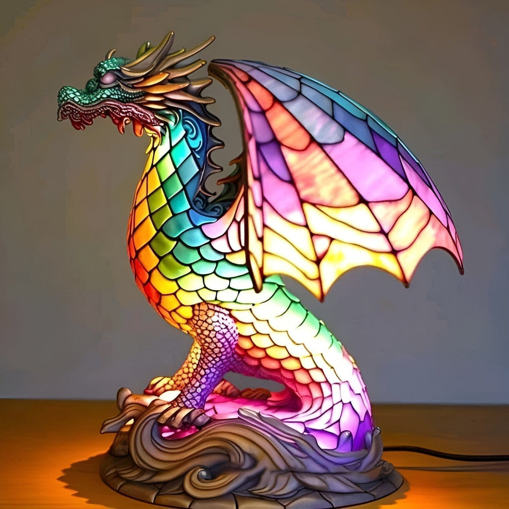 Mystic dragon glow lamp in rainbow stained-glass effect, lit side view