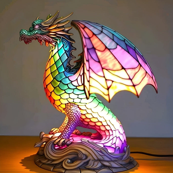 Mystic dragon glow lamp in rainbow stained-glass effect, lit side view