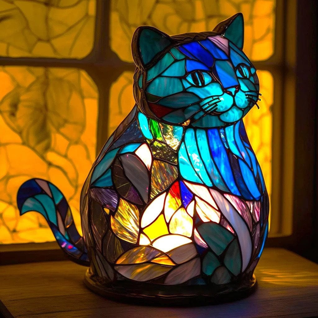 Nala blue cat glow lamp lit on a windowsill, stained-glass style panels