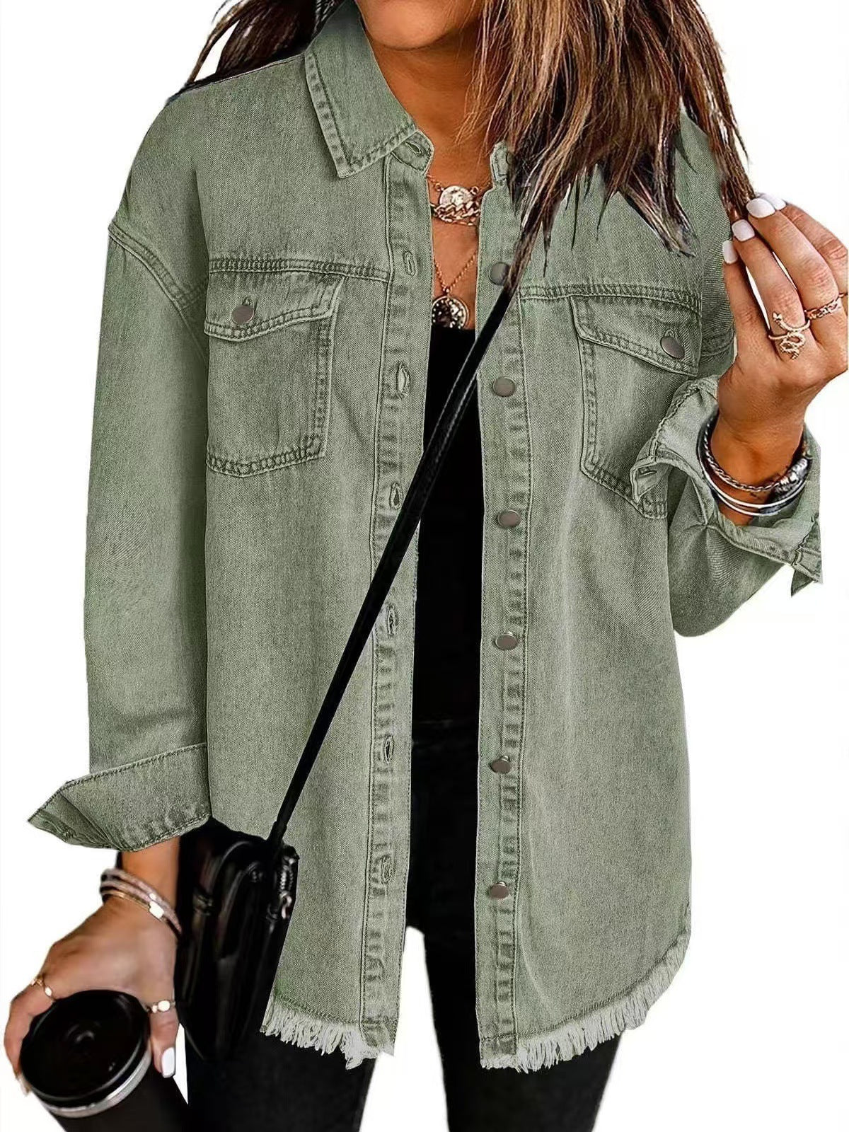 Elithia denim jacket in olive green, front view