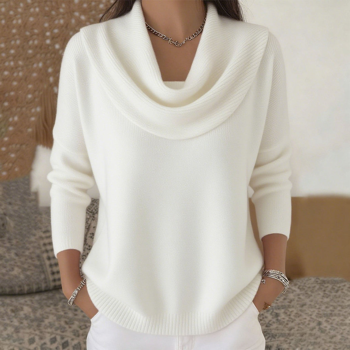 Julia draped-neck jumper in white, front view