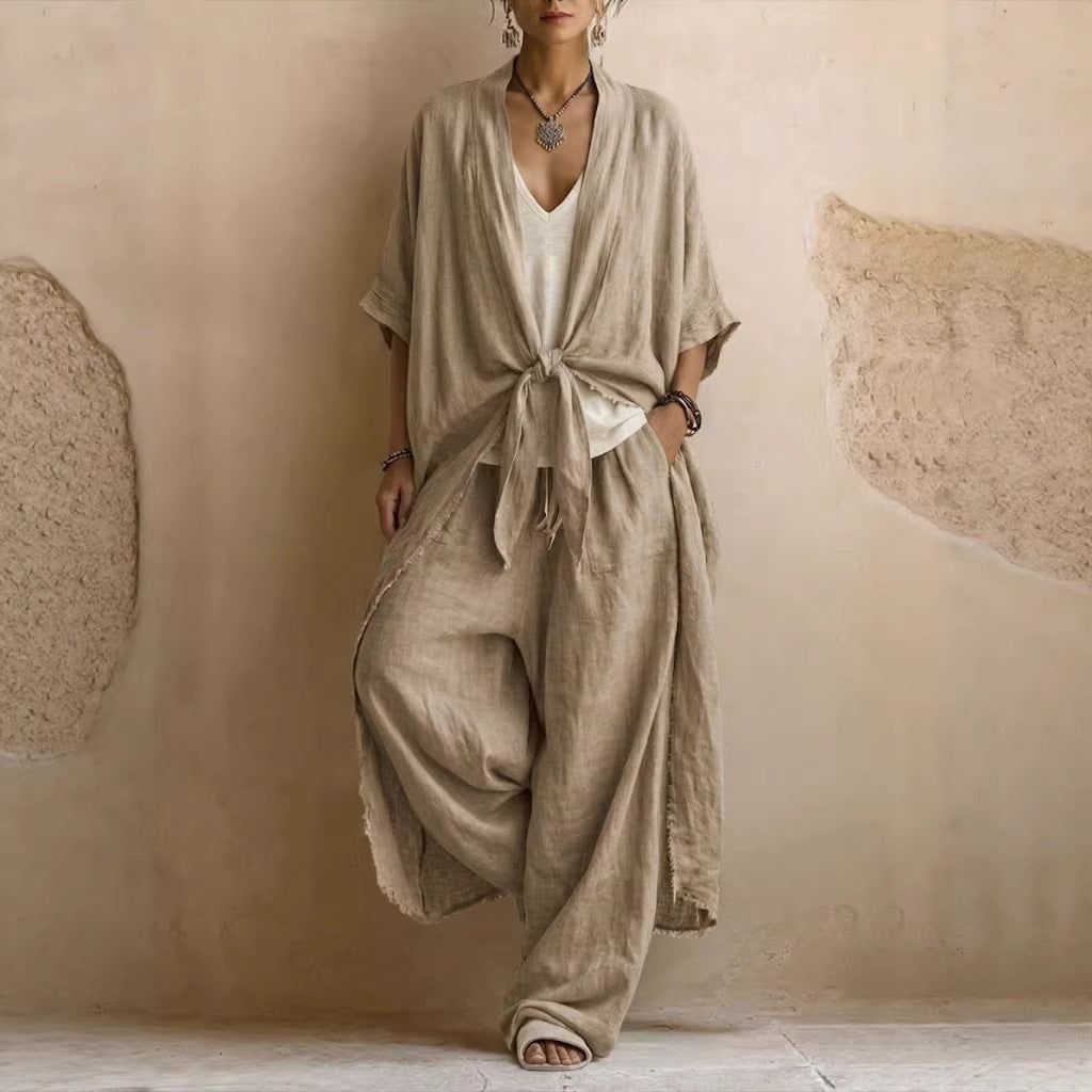 Oversized kimono and wide-leg trouser set in apricot, full-length front view