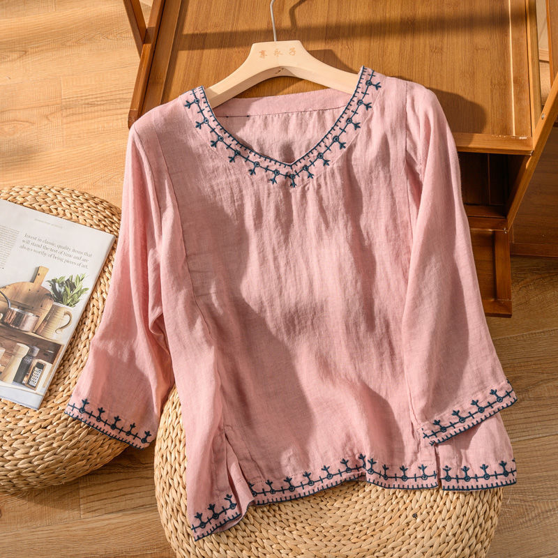 Anouk embroidered V-neck blouse in pink, flat front view