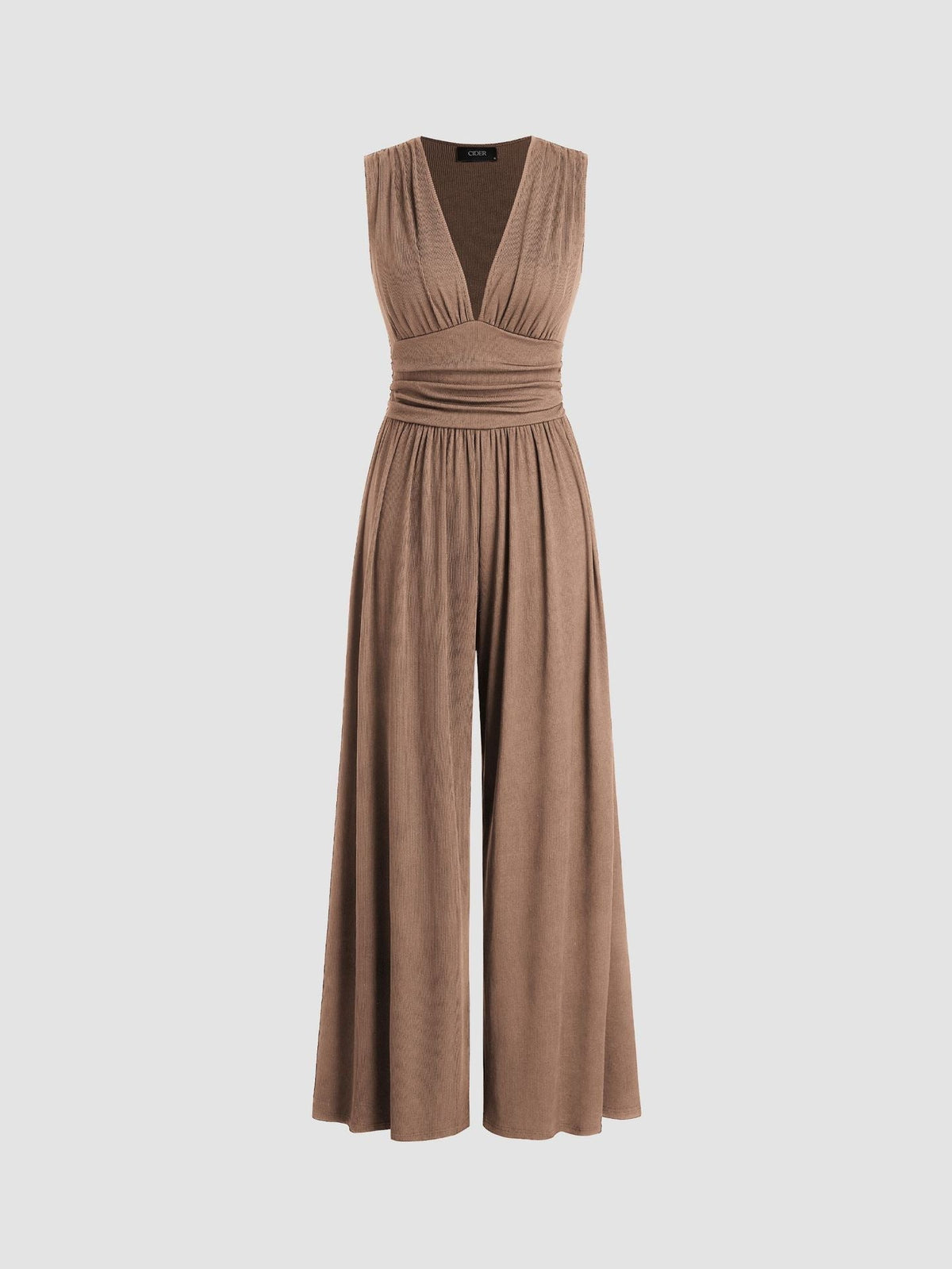 Charity sleeveless wide-leg jumpsuit in camel, full-length front view