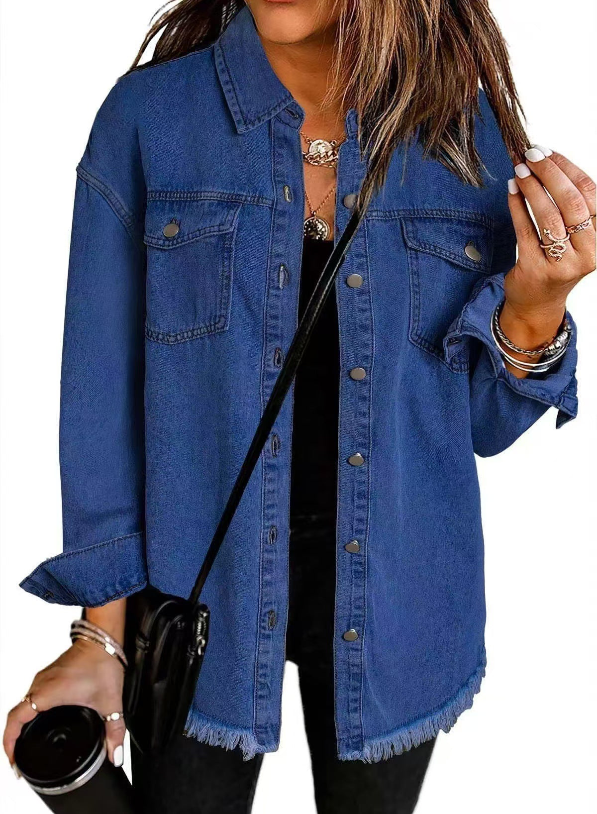 Elithia denim jacket in dark blue, front view worn with black jeans