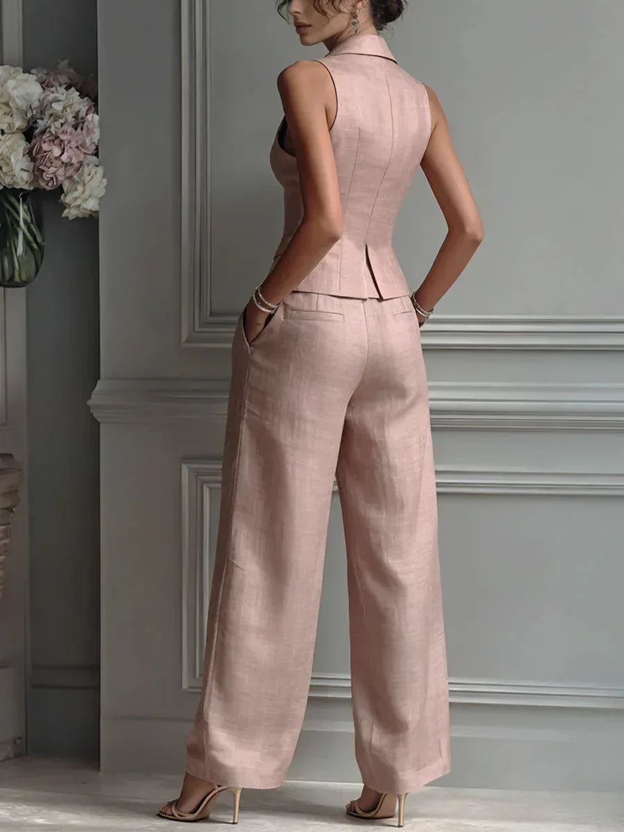Star buttoned two-piece set in pink, full-length back view