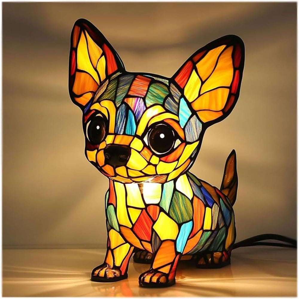 Patoune stained-glass dog lamp in multicoloured mosaic, lit front view