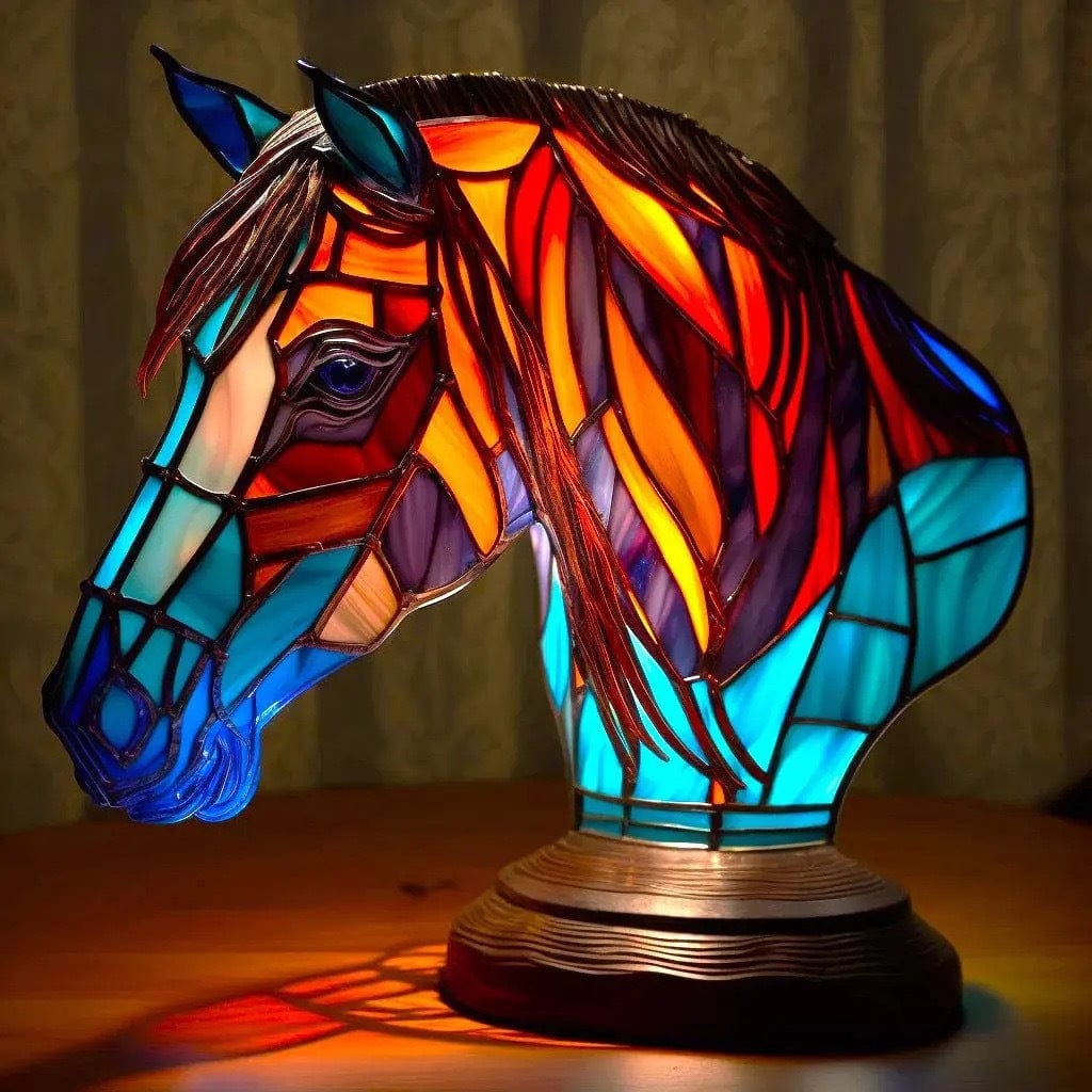 Bella majestic horse glow lamp in multicoloured stained-glass effect, lit side view