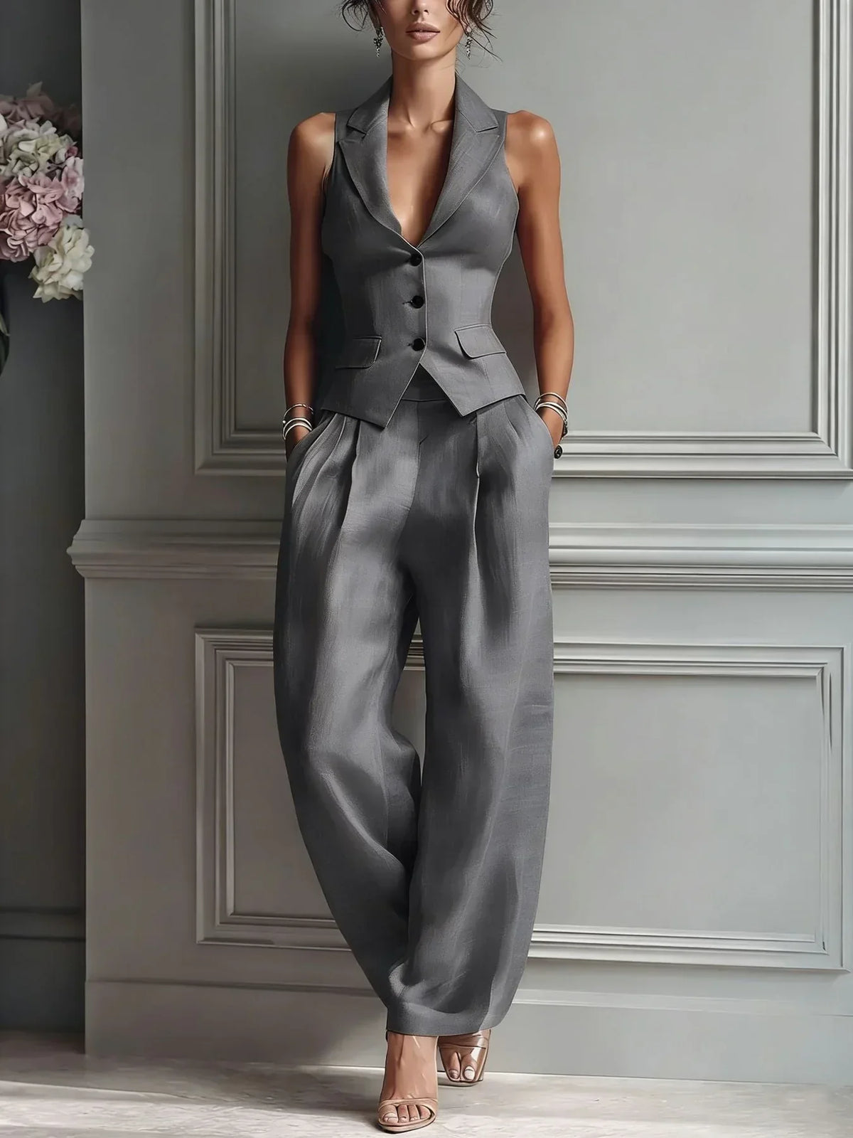 Star buttoned two-piece set in grey, full-length front view