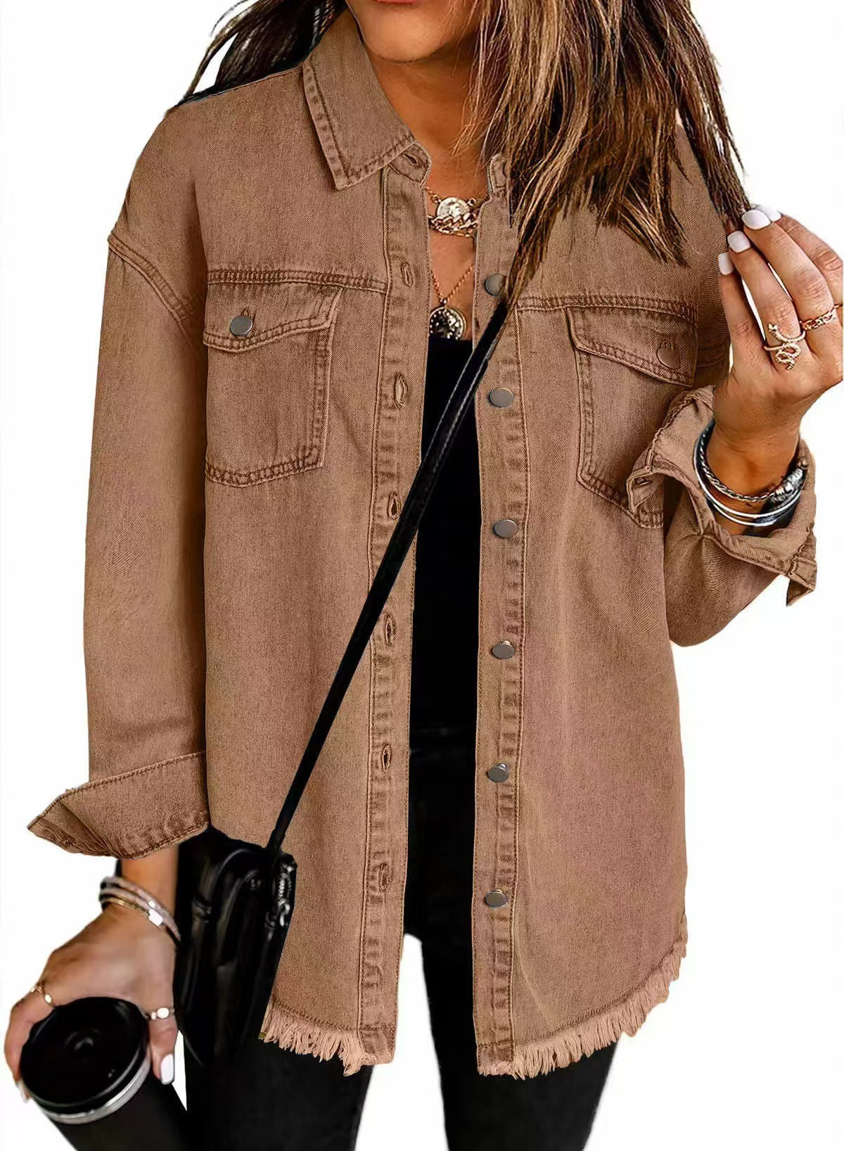 Elithia denim jacket in brown, front view with chest pockets
