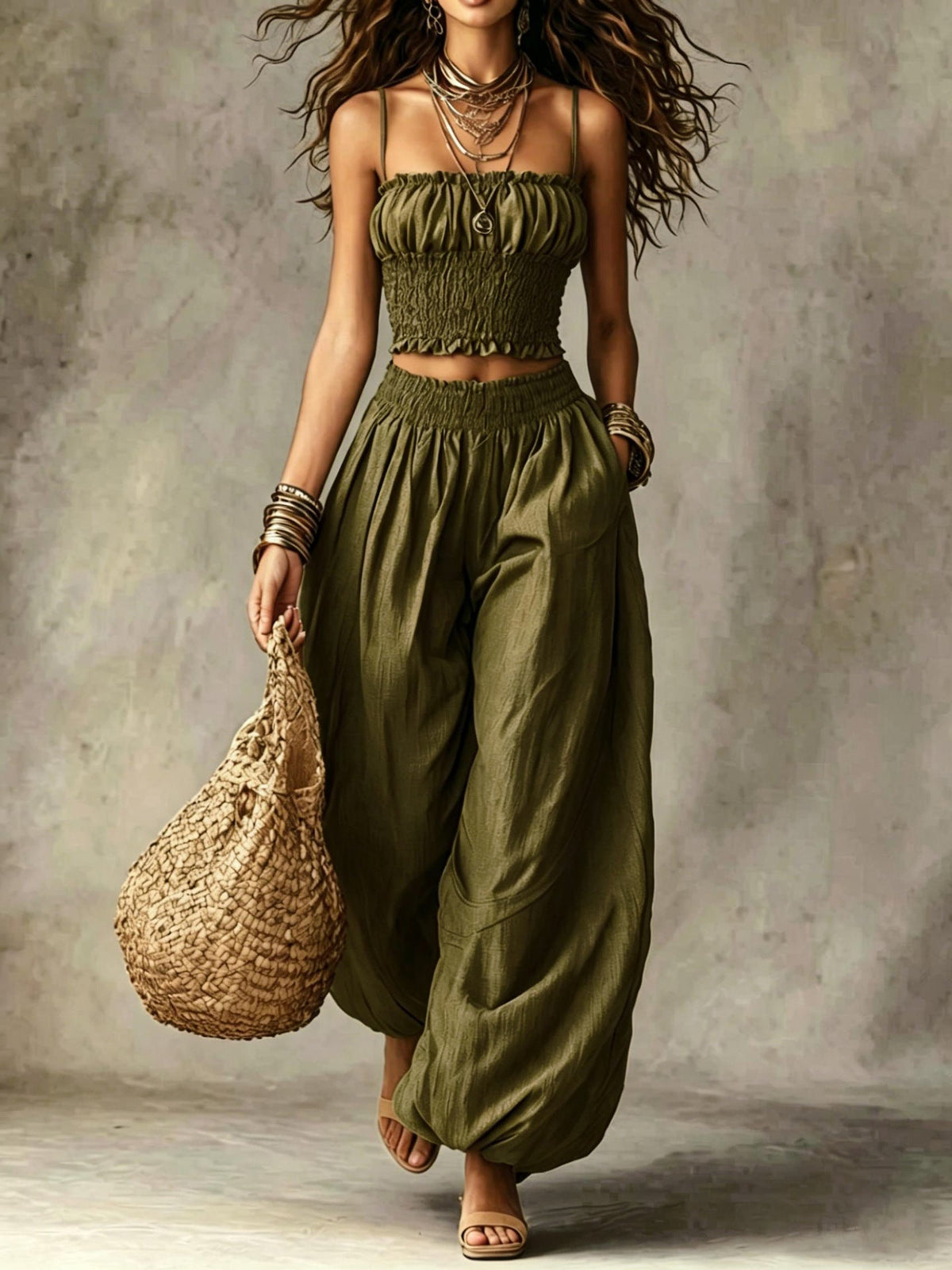Marcia ruffled harem co-ord set in olive green, front view with gathered ankles
