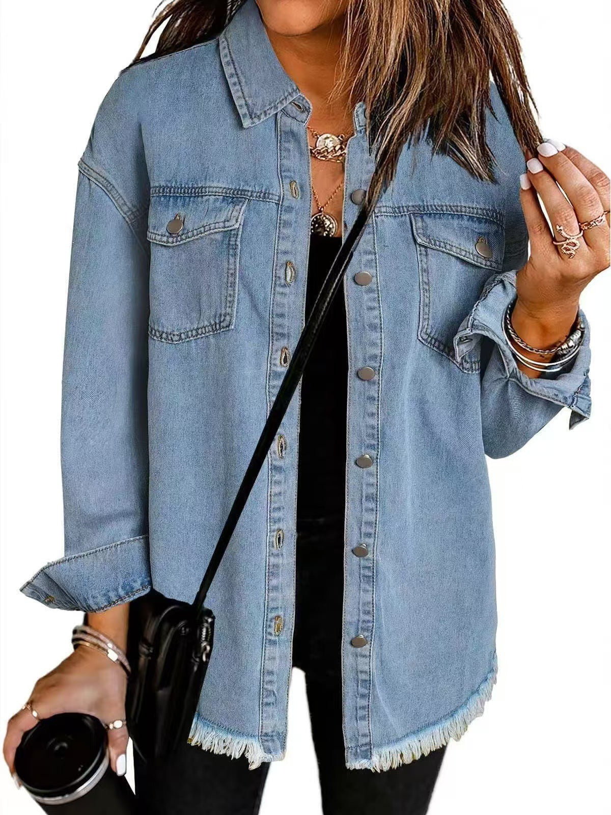 Elithia denim jacket in light blue, front view with frayed hem