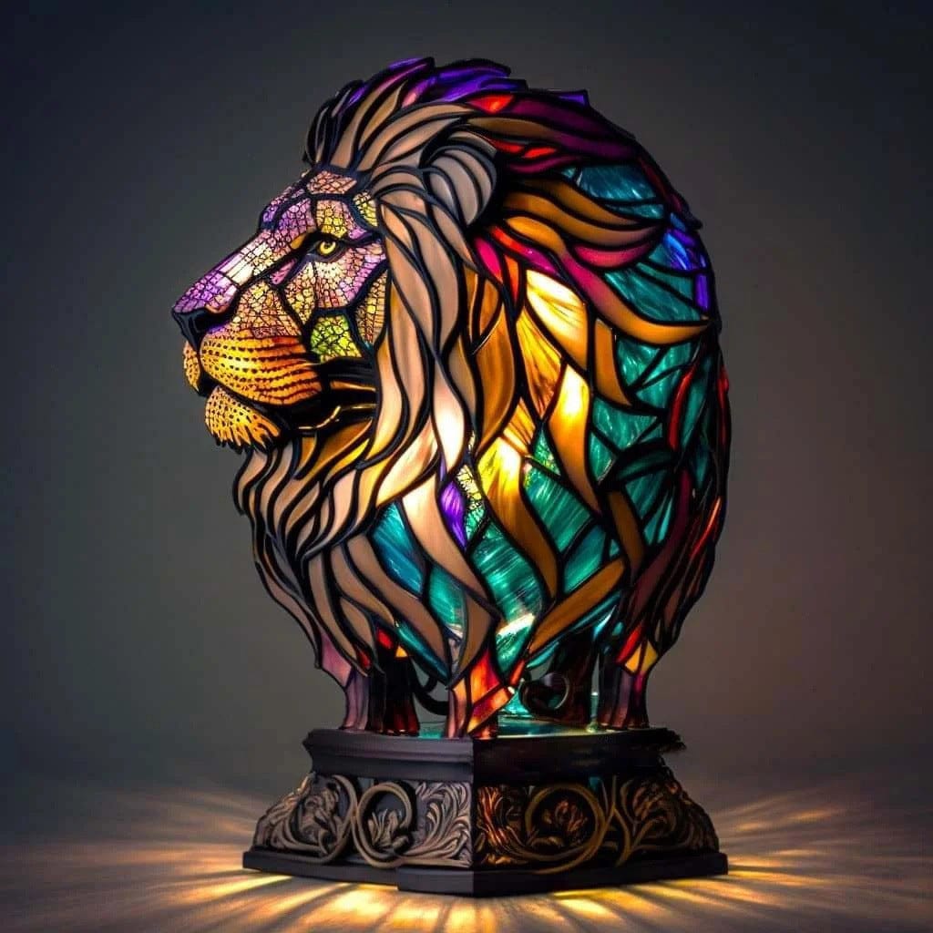 Simba lion lamp in multicoloured stained-glass effect resin, lit side view