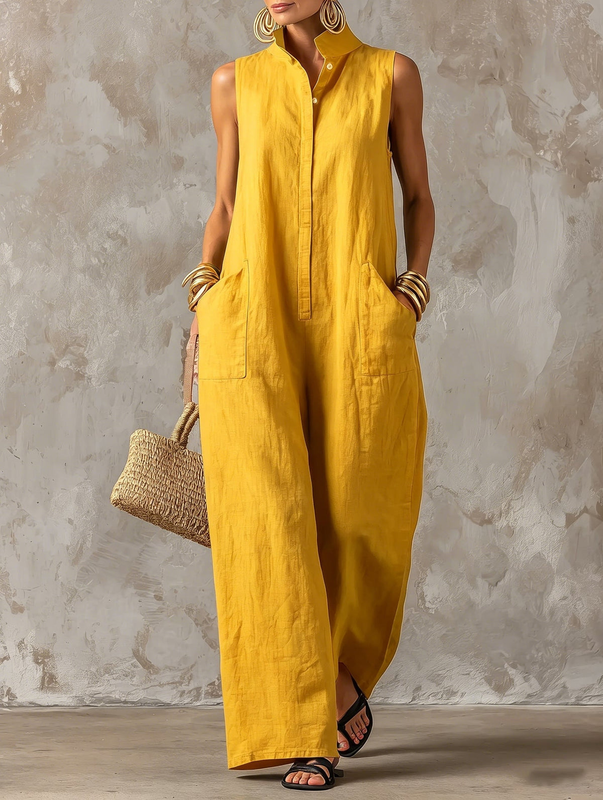 Jerline sleeveless wide-leg jumpsuit in yellow, front view