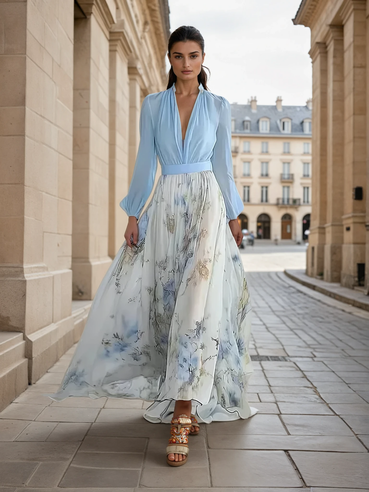 Sarah floral maxi dress worn outdoors, flowing full-length view