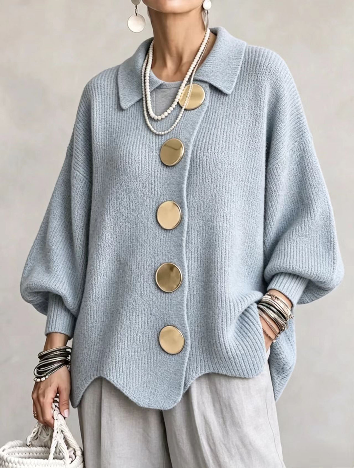 Victoire oversized collared cardigan in sky blue, front view