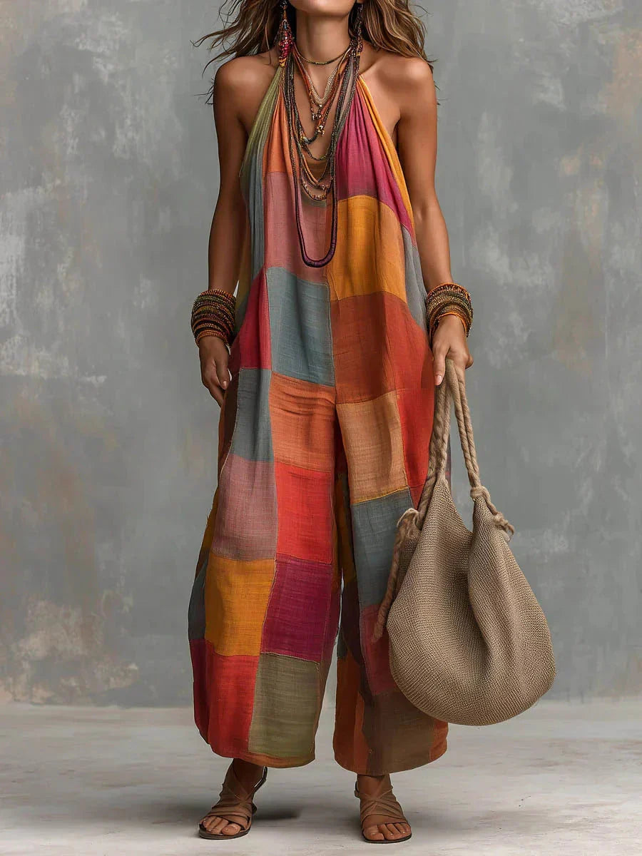 Oriana bohemian patchwork jumpsuit in orange, full-length front view