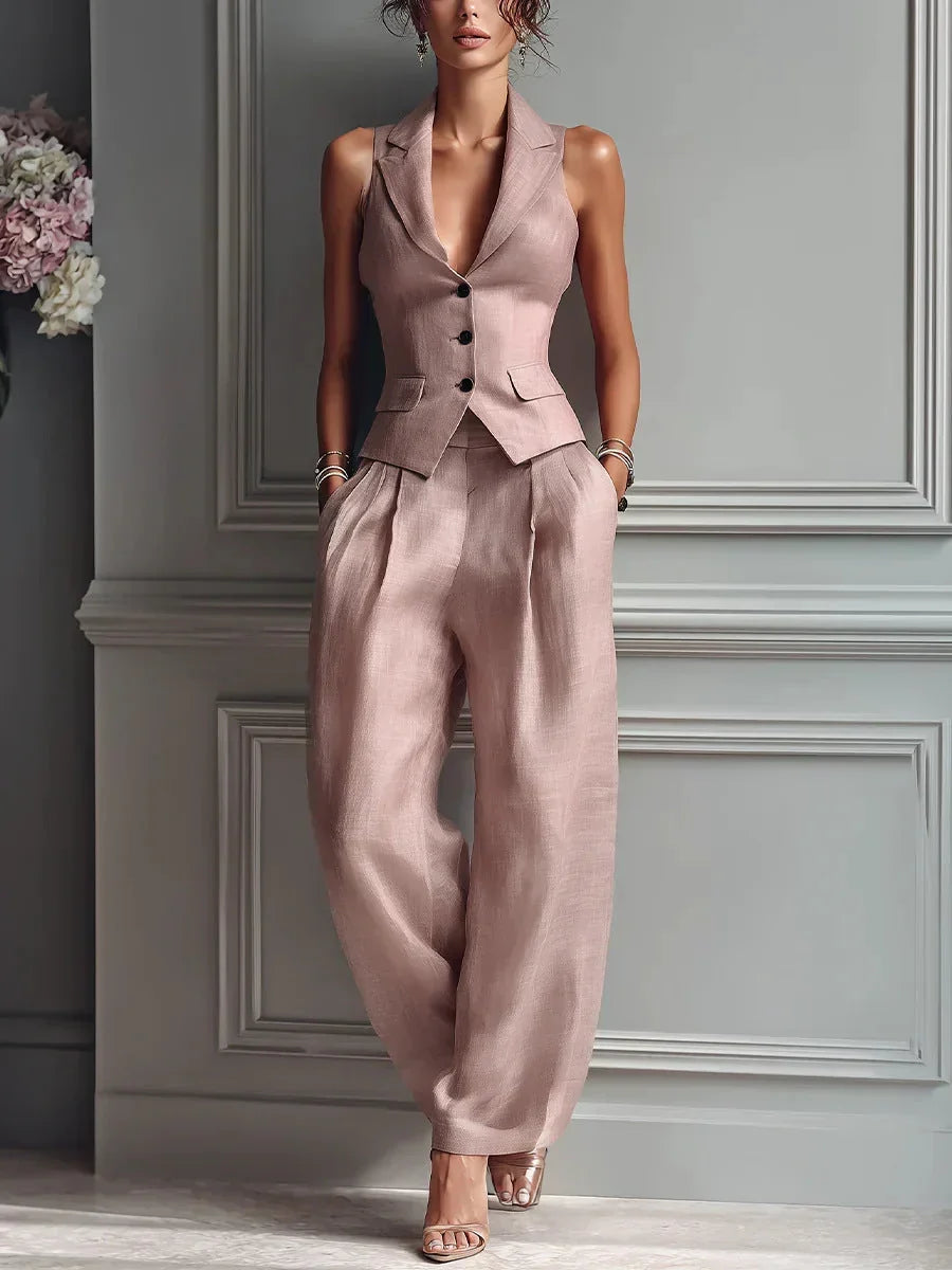 Star buttoned two-piece set in pink, full-length front view