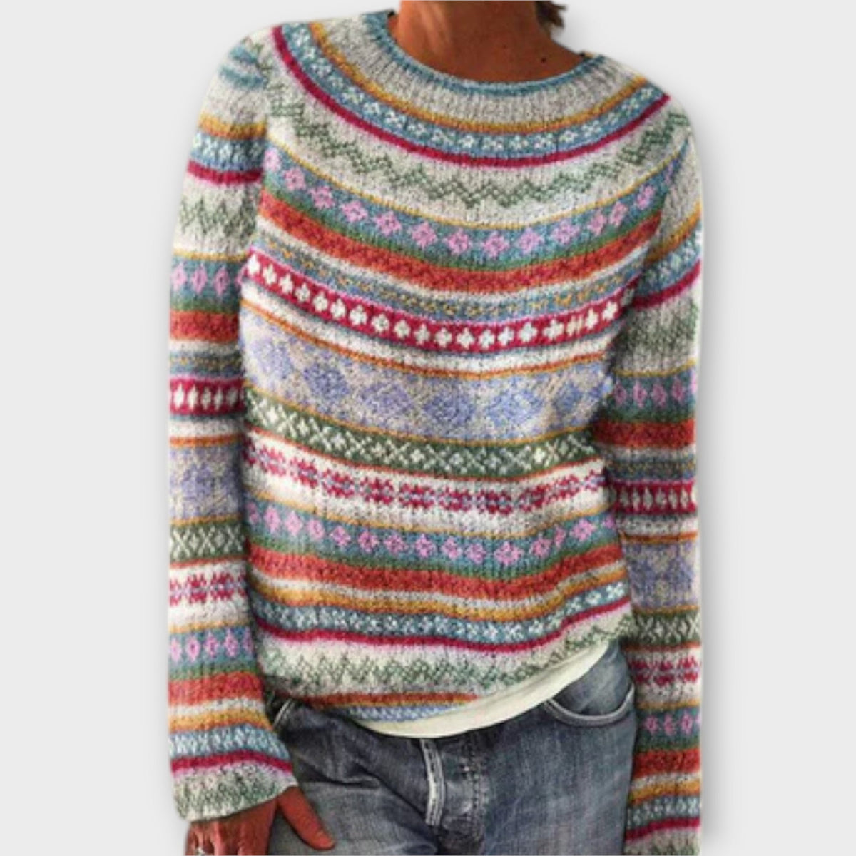 Noelyzah patterned knit sweater in cream multicolour, full front view